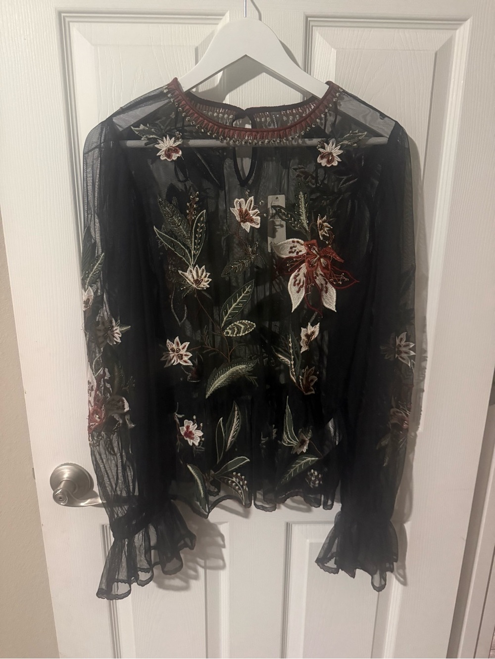Women’s Anthropologie Long-Sleeve Embroidered Mesh Babydoll Top! Sheer! Medium!